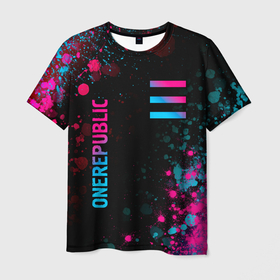 Мужская футболка 3D с принтом OneRepublic   neon gradient: надпись, символ , 100% полиэфир | прямой крой, круглый вырез горловины, длина до линии бедер | Тематика изображения на принте: 