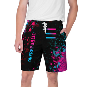 Мужские шорты 3D с принтом OneRepublic   neon gradient: надпись, символ ,  полиэстер 100% | прямой крой, два кармана без застежек по бокам. Мягкая трикотажная резинка на поясе, внутри которой широкие завязки. Длина чуть выше колен | 