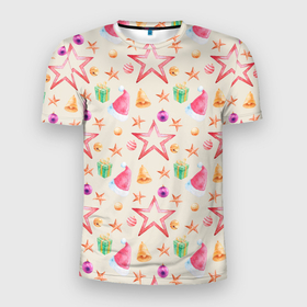Мужская футболка 3D Slim с принтом Новогодние звезды и шарики в Тюмени, 100% полиэстер с улучшенными характеристиками | приталенный силуэт, круглая горловина, широкие плечи, сужается к линии бедра | 