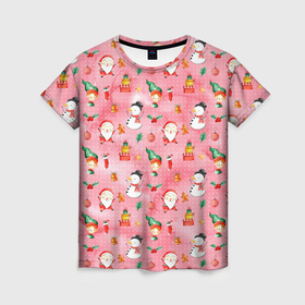 Женская футболка 3D с принтом Новый год   снеговики , 100% полиэфир ( синтетическое хлопкоподобное полотно) | прямой крой, круглый вырез горловины, длина до линии бедер | 