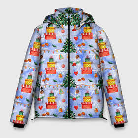Мужская зимняя куртка 3D с принтом Новый год   елки и подарки в Тюмени, верх — 100% полиэстер; подкладка — 100% полиэстер; утеплитель — 100% полиэстер | длина ниже бедра, свободный силуэт Оверсайз. Есть воротник-стойка, отстегивающийся капюшон и ветрозащитная планка. 

Боковые карманы с листочкой на кнопках и внутренний карман на молнии. | 