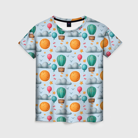 Женская футболка 3D с принтом Воздушные шары и луна в Санкт-Петербурге, 100% полиэфир ( синтетическое хлопкоподобное полотно) | прямой крой, круглый вырез горловины, длина до линии бедер | 
