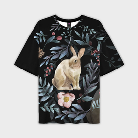 Мужская футболка OVERSIZE 3D с принтом Новогодний кролик   Веточки и цветочки в Тюмени,  |  | 