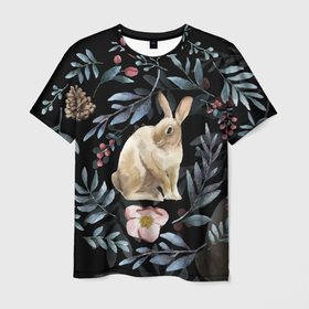 Мужская футболка 3D с принтом Новогодний кролик   Веточки и цветочки в Тюмени, 100% полиэфир | прямой крой, круглый вырез горловины, длина до линии бедер | 