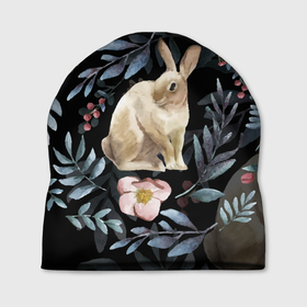 Шапка 3D с принтом Новогодний кролик   Веточки и цветочки в Тюмени, 100% полиэстер | универсальный размер, печать по всей поверхности изделия | 