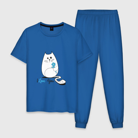 Мужская пижама хлопок с принтом Lovely cat в Курске, 100% хлопок | брюки и футболка прямого кроя, без карманов, на брюках мягкая резинка на поясе и по низу штанин
 | Тематика изображения на принте: 