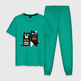 Мужская пижама хлопок с принтом Влюблённые котятки в Новосибирске, 100% хлопок | брюки и футболка прямого кроя, без карманов, на брюках мягкая резинка на поясе и по низу штанин
 | 