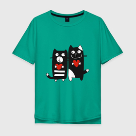 Мужская футболка хлопок Oversize с принтом Влюблённые котятки в Новосибирске, 100% хлопок | свободный крой, круглый ворот, “спинка” длиннее передней части | Тематика изображения на принте: 