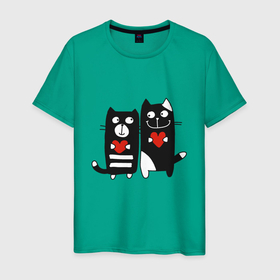 Мужская футболка хлопок с принтом Влюблённые котятки в Курске, 100% хлопок | прямой крой, круглый вырез горловины, длина до линии бедер, слегка спущенное плечо. | 