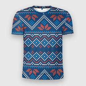 Мужская футболка 3D Slim с принтом Зимний вязанный  стиль в Новосибирске, 100% полиэстер с улучшенными характеристиками | приталенный силуэт, круглая горловина, широкие плечи, сужается к линии бедра | 