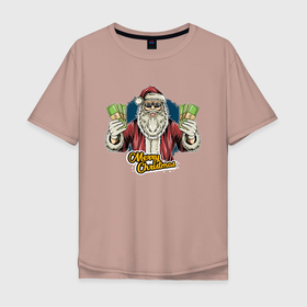 Мужская футболка хлопок Oversize с принтом Санта с деньгами в Екатеринбурге, 100% хлопок | свободный крой, круглый ворот, “спинка” длиннее передней части | 