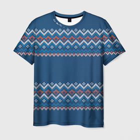 Мужская футболка 3D с принтом Вязанный синий стиль в Новосибирске, 100% полиэфир | прямой крой, круглый вырез горловины, длина до линии бедер | 