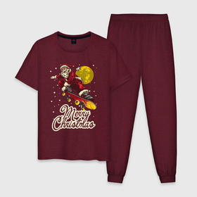 Мужская пижама хлопок с принтом Санта на скейте в Кировске, 100% хлопок | брюки и футболка прямого кроя, без карманов, на брюках мягкая резинка на поясе и по низу штанин
 | 