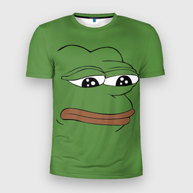 Мужская футболка 3D Slim с принтом Лягушонок Pepe грустит в Тюмени, 100% полиэстер с улучшенными характеристиками | приталенный силуэт, круглая горловина, широкие плечи, сужается к линии бедра | 