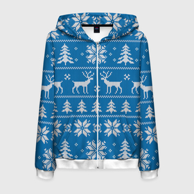 Мужская толстовка 3D на молнии с принтом Рождественский синий свитер с оленями в Санкт-Петербурге, 100% полиэстер | длина до линии бедра, манжеты и пояс оформлены мягкой тканевой резинкой, двухслойный капюшон со шнурком для регулировки, спереди молния, по бокам два кармана | 