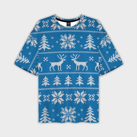 Мужская футболка OVERSIZE 3D с принтом Рождественский синий свитер с оленями ,  |  | 