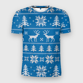 Мужская футболка 3D Slim с принтом Рождественский синий свитер с оленями , 100% полиэстер с улучшенными характеристиками | приталенный силуэт, круглая горловина, широкие плечи, сужается к линии бедра | 