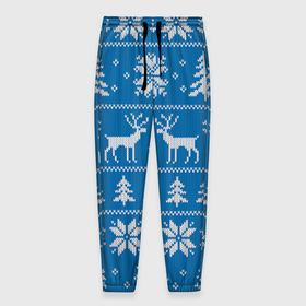 Мужские брюки 3D с принтом Рождественский синий свитер с оленями в Петрозаводске, 100% полиэстер | манжеты по низу, эластичный пояс регулируется шнурком, по бокам два кармана без застежек, внутренняя часть кармана из мелкой сетки | Тематика изображения на принте: 