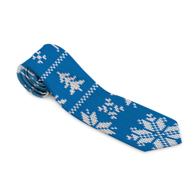 Галстук 3D с принтом Рождественский синий свитер с оленями в Тюмени, 100% полиэстер | Длина 148 см; Плотность 150-180 г/м2 | Тематика изображения на принте: 