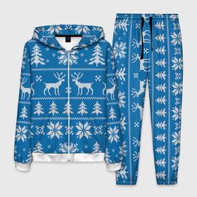 Мужской костюм 3D с принтом Рождественский синий свитер с оленями в Кировске, 100% полиэстер | Манжеты и пояс оформлены тканевой резинкой, двухслойный капюшон со шнурком для регулировки, карманы спереди | 