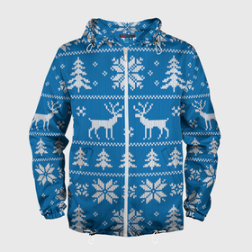 Мужская ветровка 3D с принтом Рождественский синий свитер с оленями в Екатеринбурге, 100% полиэстер | подол и капюшон оформлены резинкой с фиксаторами, два кармана без застежек по бокам, один потайной карман на груди | 