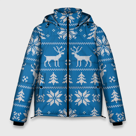 Мужская зимняя куртка 3D с принтом Рождественский синий свитер с оленями в Новосибирске, верх — 100% полиэстер; подкладка — 100% полиэстер; утеплитель — 100% полиэстер | длина ниже бедра, свободный силуэт Оверсайз. Есть воротник-стойка, отстегивающийся капюшон и ветрозащитная планка. 

Боковые карманы с листочкой на кнопках и внутренний карман на молнии. | 