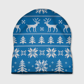 Шапка 3D с принтом Рождественский синий свитер с оленями в Кировске, 100% полиэстер | универсальный размер, печать по всей поверхности изделия | 