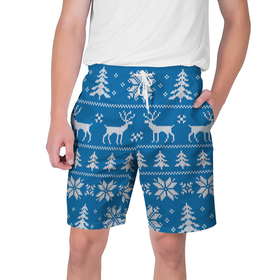 Мужские шорты 3D с принтом Рождественский синий свитер с оленями в Кировске,  полиэстер 100% | прямой крой, два кармана без застежек по бокам. Мягкая трикотажная резинка на поясе, внутри которой широкие завязки. Длина чуть выше колен | 