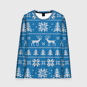 Мужской лонгслив 3D с принтом Рождественский синий свитер с оленями в Екатеринбурге, 100% полиэстер | длинные рукава, круглый вырез горловины, полуприлегающий силуэт | 