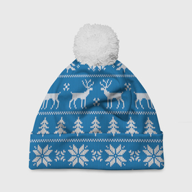 Шапка 3D c помпоном с принтом Рождественский синий свитер с оленями в Белгороде, 100% полиэстер | универсальный размер, печать по всей поверхности изделия | 