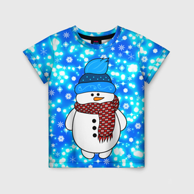 Детская футболка 3D с принтом Снеговик в шапке в Кировске, 100% гипоаллергенный полиэфир | прямой крой, круглый вырез горловины, длина до линии бедер, чуть спущенное плечо, ткань немного тянется | Тематика изображения на принте: 