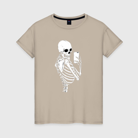 Женская футболка хлопок с принтом Скелетон с телефоном в Петрозаводске, 100% хлопок | прямой крой, круглый вырез горловины, длина до линии бедер, слегка спущенное плечо | 