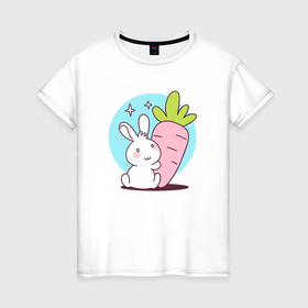 Женская футболка хлопок с принтом Кролик с марковкой в Белгороде, 100% хлопок | прямой крой, круглый вырез горловины, длина до линии бедер, слегка спущенное плечо | 