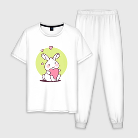 Мужская пижама хлопок с принтом Кролик  с сердечком в Петрозаводске, 100% хлопок | брюки и футболка прямого кроя, без карманов, на брюках мягкая резинка на поясе и по низу штанин
 | 