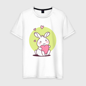 Мужская футболка хлопок с принтом Кролик  с сердечком в Петрозаводске, 100% хлопок | прямой крой, круглый вырез горловины, длина до линии бедер, слегка спущенное плечо. | 