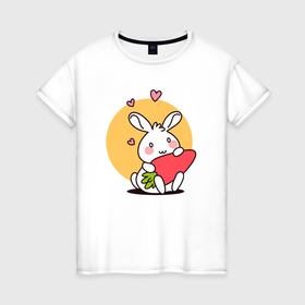 Женская футболка хлопок с принтом Влюбленный кролик с морковкой в Екатеринбурге, 100% хлопок | прямой крой, круглый вырез горловины, длина до линии бедер, слегка спущенное плечо | 