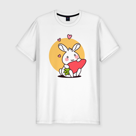 Мужская футболка хлопок Slim с принтом Влюбленный кролик с морковкой , 92% хлопок, 8% лайкра | приталенный силуэт, круглый вырез ворота, длина до линии бедра, короткий рукав | 