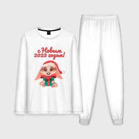 Мужская пижама хлопок (с лонгсливом) с принтом с Новым 2023 годом зайчик в Курске,  |  | 