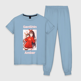 Женская пижама хлопок с принтом Amber Genshin impact в Тюмени, 100% хлопок | брюки и футболка прямого кроя, без карманов, на брюках мягкая резинка на поясе и по низу штанин | Тематика изображения на принте: 