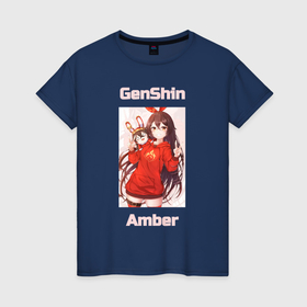 Женская футболка хлопок с принтом Amber Genshin impact в Тюмени, 100% хлопок | прямой крой, круглый вырез горловины, длина до линии бедер, слегка спущенное плечо | Тематика изображения на принте: 