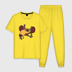 Мужская пижама хлопок с принтом Мопс   крутой пауэрлифтер в Тюмени, 100% хлопок | брюки и футболка прямого кроя, без карманов, на брюках мягкая резинка на поясе и по низу штанин
 | 