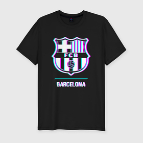 Мужская футболка хлопок Slim с принтом Barcelona FC в стиле glitch в Петрозаводске, 92% хлопок, 8% лайкра | приталенный силуэт, круглый вырез ворота, длина до линии бедра, короткий рукав | 