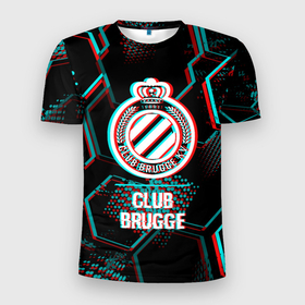 Мужская футболка 3D Slim с принтом Club Brugge FC в стиле glitch на темном фоне в Екатеринбурге, 100% полиэстер с улучшенными характеристиками | приталенный силуэт, круглая горловина, широкие плечи, сужается к линии бедра | Тематика изображения на принте: 