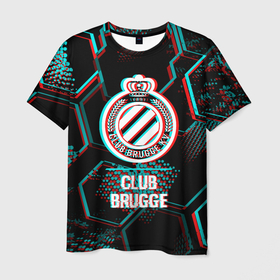 Мужская футболка 3D с принтом Club Brugge FC в стиле glitch на темном фоне в Екатеринбурге, 100% полиэфир | прямой крой, круглый вырез горловины, длина до линии бедер | Тематика изображения на принте: 