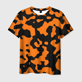 Мужская футболка 3D с принтом Чёрные абстрактные пятна на оранжевом фоне в Тюмени, 100% полиэфир | прямой крой, круглый вырез горловины, длина до линии бедер | 