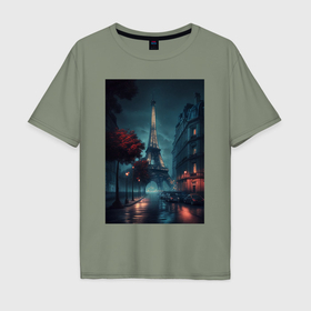 Мужская футболка хлопок Oversize с принтом Нейросеть   Ночной Париж в Петрозаводске, 100% хлопок | свободный крой, круглый ворот, “спинка” длиннее передней части | 