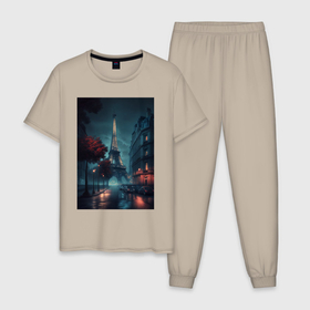 Мужская пижама хлопок с принтом Нейросеть   Ночной Париж в Петрозаводске, 100% хлопок | брюки и футболка прямого кроя, без карманов, на брюках мягкая резинка на поясе и по низу штанин
 | 