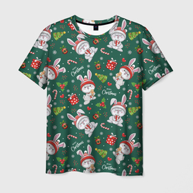 Мужская футболка 3D с принтом Merry Christmas Rabbit 2023 в Екатеринбурге, 100% полиэфир | прямой крой, круглый вырез горловины, длина до линии бедер | 