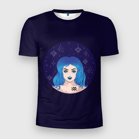 Мужская футболка 3D Slim с принтом Абстрактный знак зодиака Водолей девушка с голубыми волосами в Петрозаводске, 100% полиэстер с улучшенными характеристиками | приталенный силуэт, круглая горловина, широкие плечи, сужается к линии бедра | 
