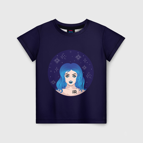 Детская футболка 3D с принтом Абстрактный знак зодиака Водолей девушка с голубыми волосами в Курске, 100% гипоаллергенный полиэфир | прямой крой, круглый вырез горловины, длина до линии бедер, чуть спущенное плечо, ткань немного тянется | 